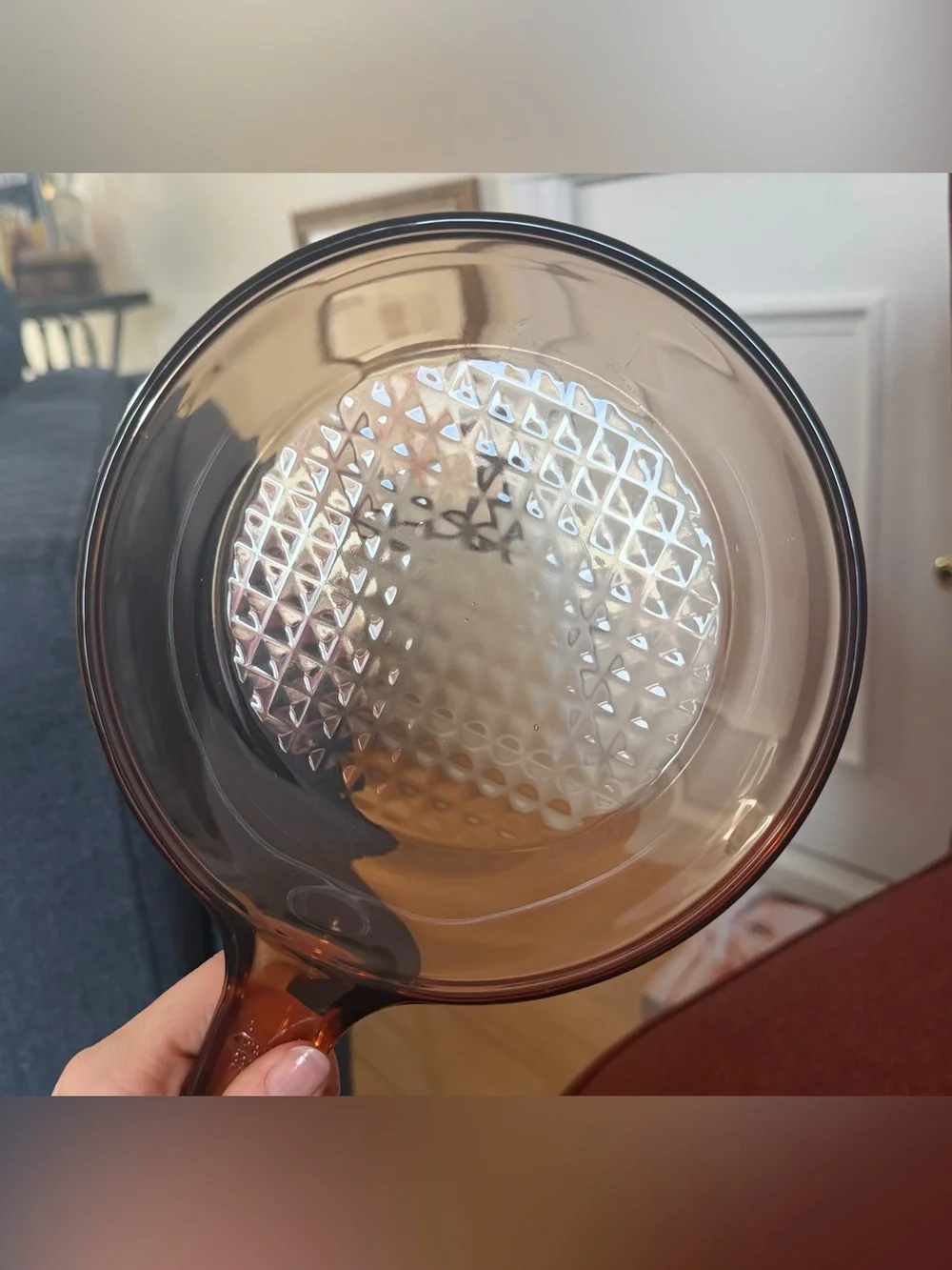 Vintage Corning Visions Amber Glass Skillet, Waffle-Textured Bottom, France, 7”